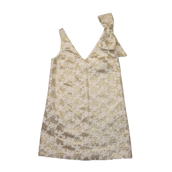 NWT Sezane Philomena in Ecru Gold Jacquard Bow A-line Mini Shift Dress 36 / US 4